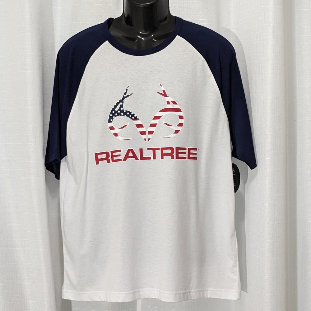 RealTree Men's White w/Blue Sleeve Americana Logo Baseball Tee Size L